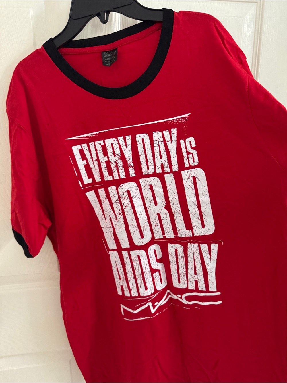 MAC Cosmetics Red Short Sleeve Tee with Black Trim.